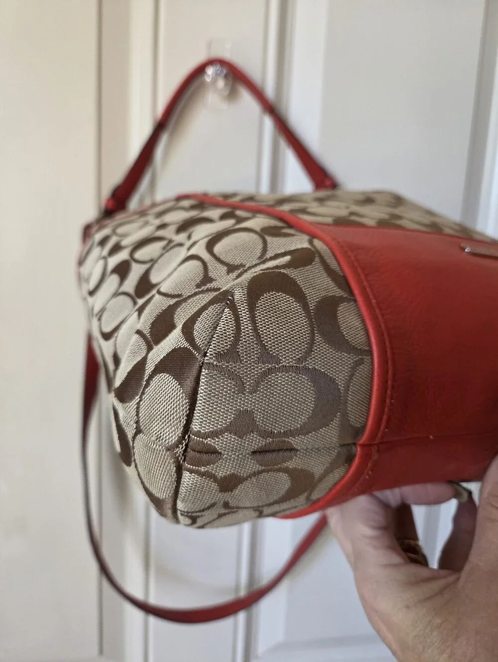 Coach Khaki Signature Canvas Hobo with Red Leather Trim 